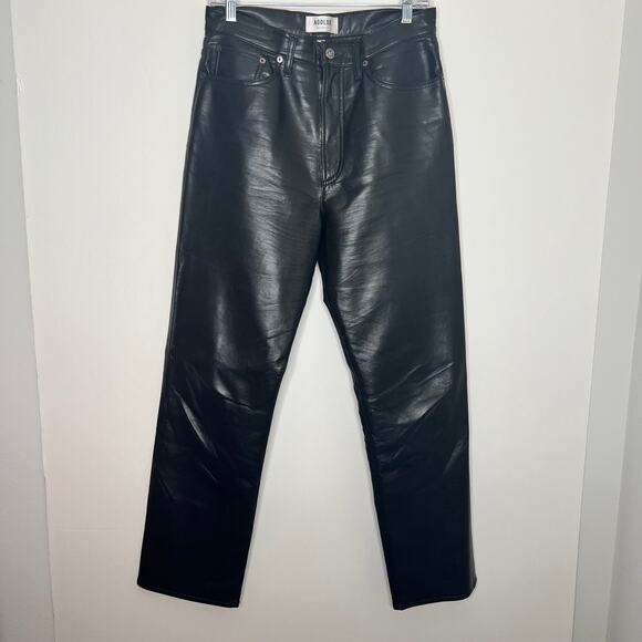 AGOLDE 90`s Pinch Waist Recycled Leather Straight Leg Black Womens Size 28 - Picture 3 of 16